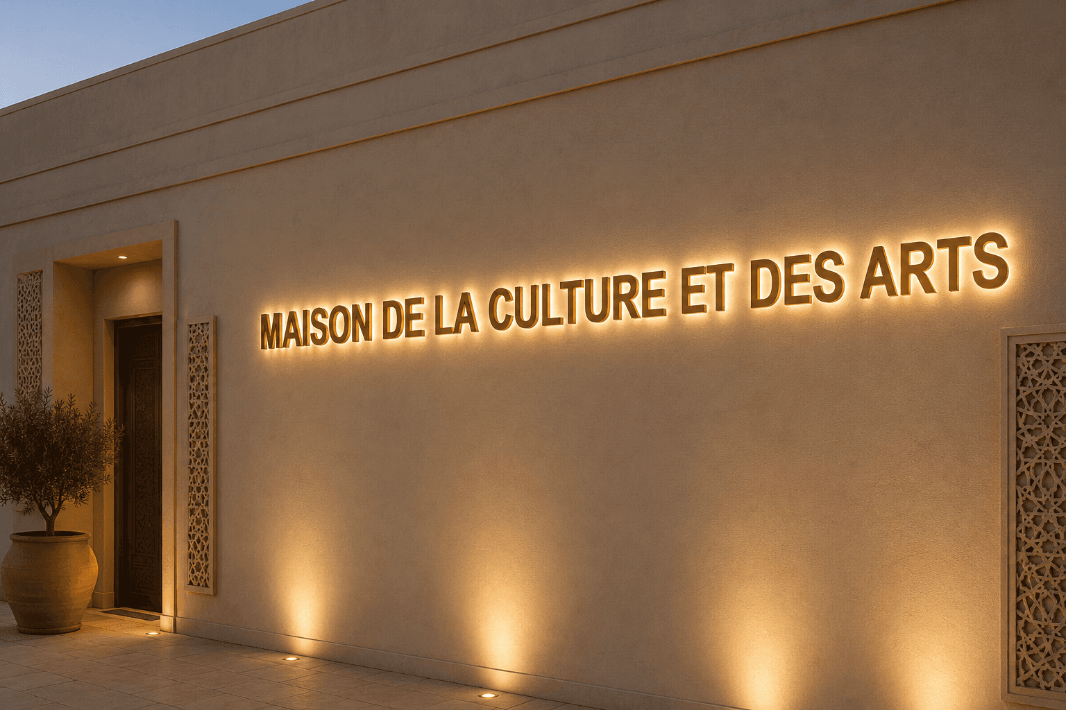 Lettres boîtier inox gold finition laiton à LED blanc chaud, Maison de la Culture au Maroc