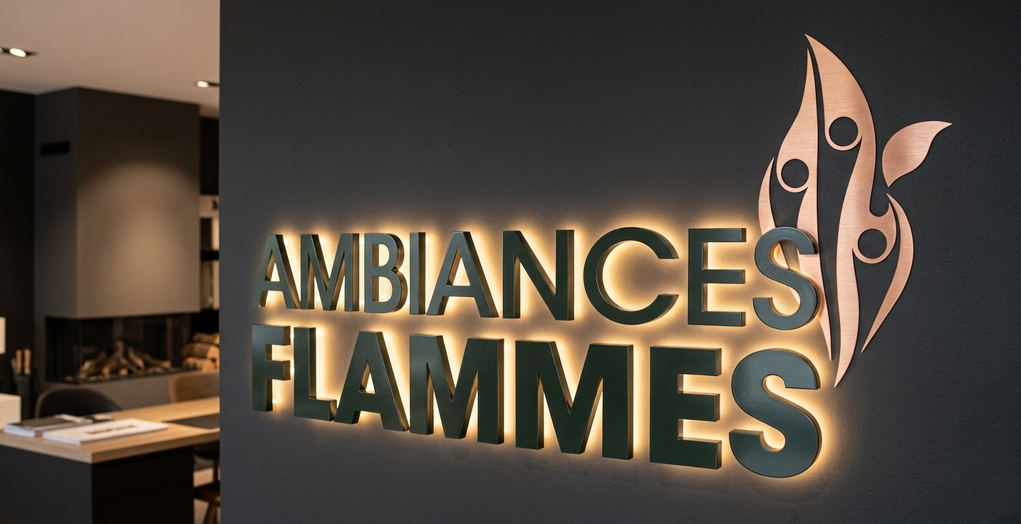 Enseigne intérieurs en lettrage titanium rose gold cuivre avec éclairage indirect - Ambiance Flamme