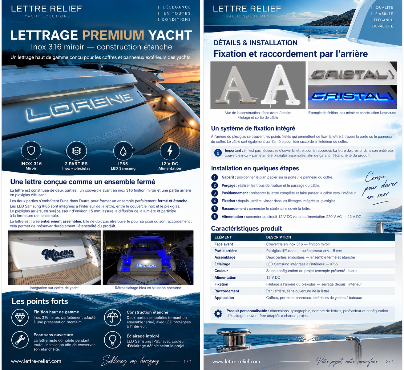 Fiche technique d’une lettre lumineuse inox 316 pour yacht