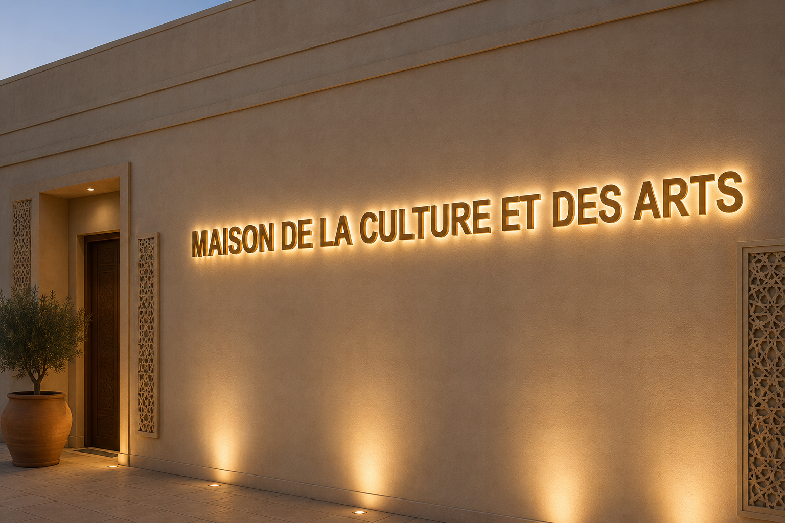 Lettres boîtier inox gold finition laiton à LED blanc chaud, Maison de la Culture au Maroc